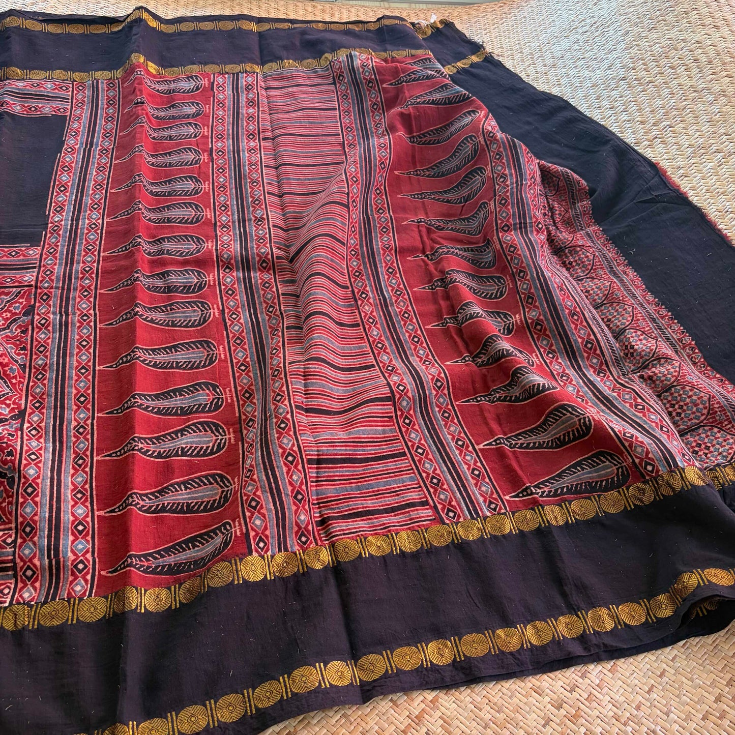 Madder, Ajrak Hand Block Printed On Madurai Cotton Saree With Zari