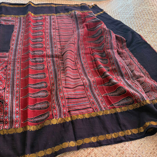Madder, Ajrak Hand Block Printed On Madurai Cotton Saree With Zari