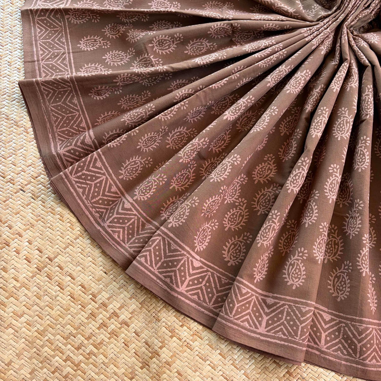 Mul Mul Cotton saree, Hand Block Printed, Brown