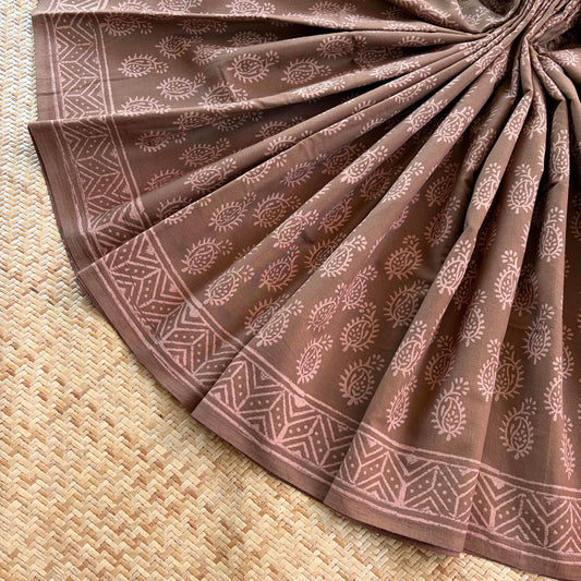 Mul Mul Cotton saree, Hand Block Printed, Brown