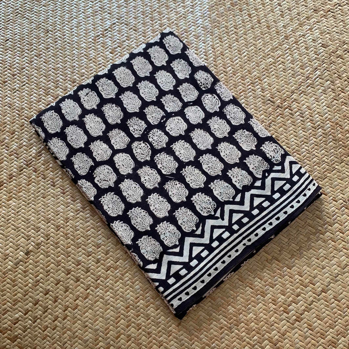 Mul Mul Cotton saree, Hand Block Printed, Black