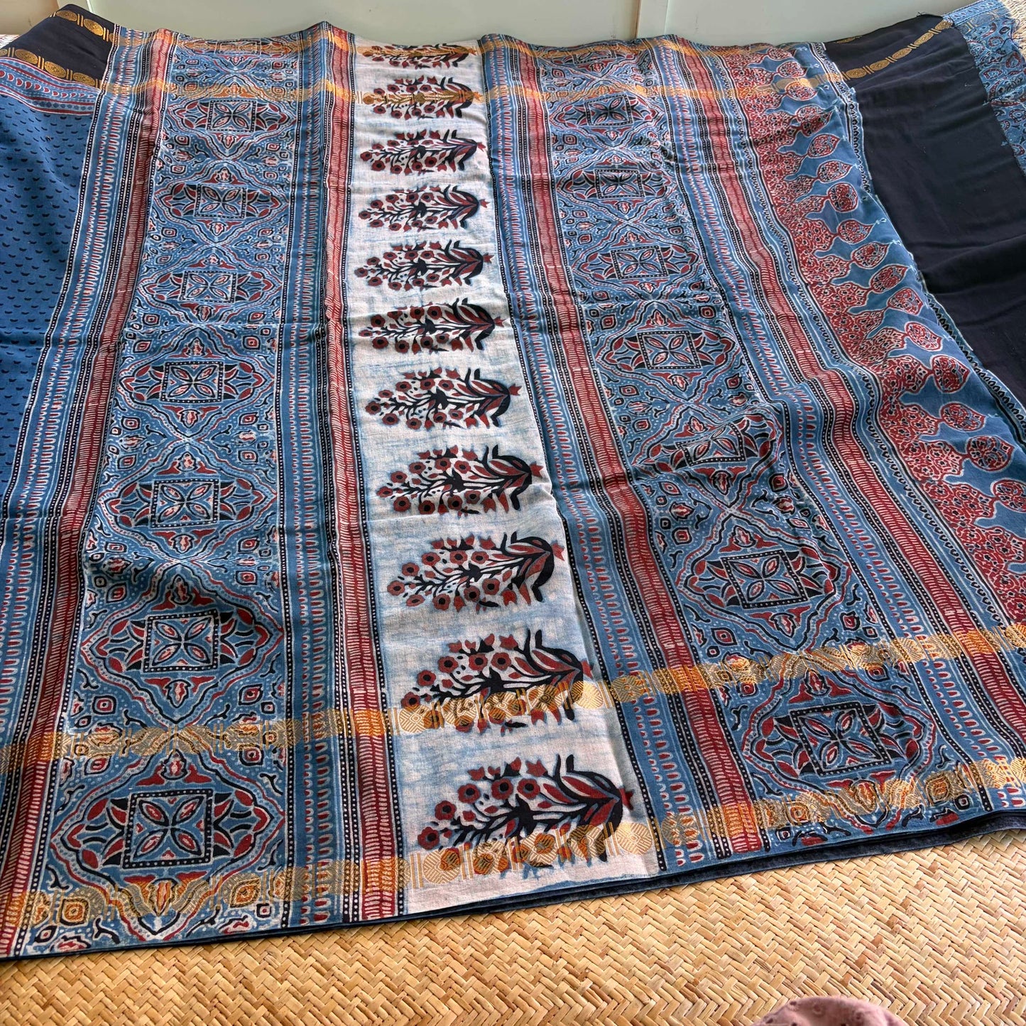 Cloud Indigo, Ajrak Hand Block Printed On Madurai Cotton Saree With Zari