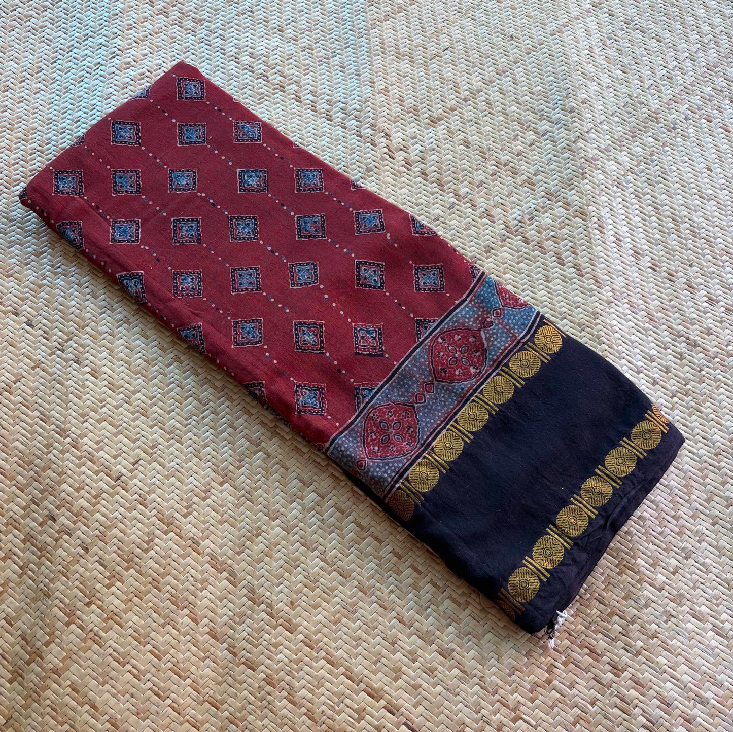 Diamond Red, Ajrak Hand Block Printed On Madurai Cotton Saree With Zari