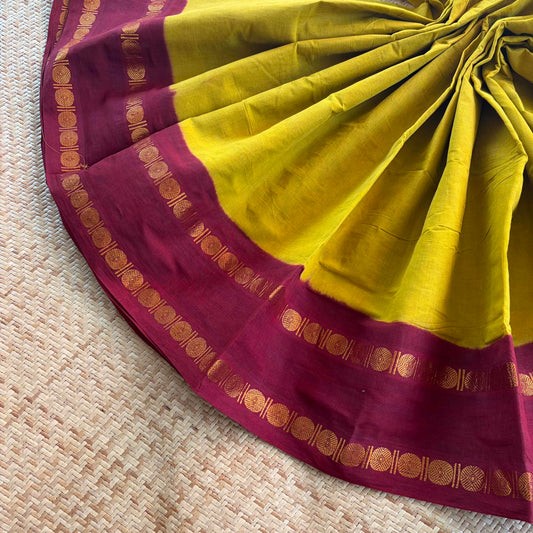 Mustard Saree With Running Blouse , Zari Rudraksham Rettai Pettu Border , Clamp dyed (Kattu sayam)