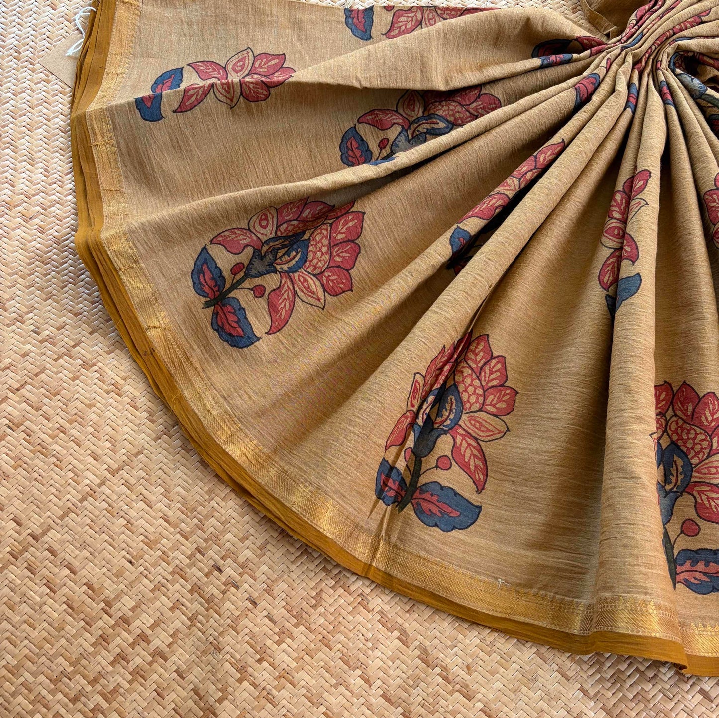 Biscuit Kalamkari Hand Painted on Chettinad Cotton saree