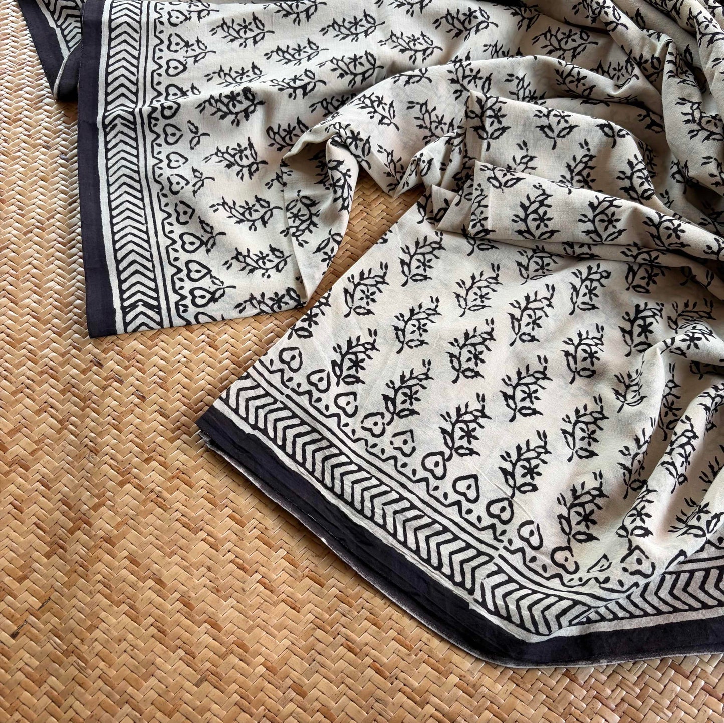 Mul Mul Cotton saree, Hand Block Printed, Cream