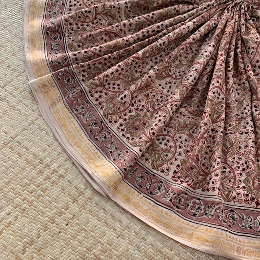 Beige, Kalamkari Hand Block Printed On Madurai Cotton Saree With Zari