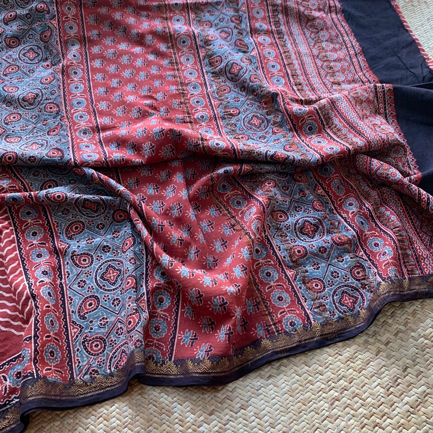 Herringbone Madder, Ajrak Hand Block Printed On Madurai Cotton Saree With Zari
