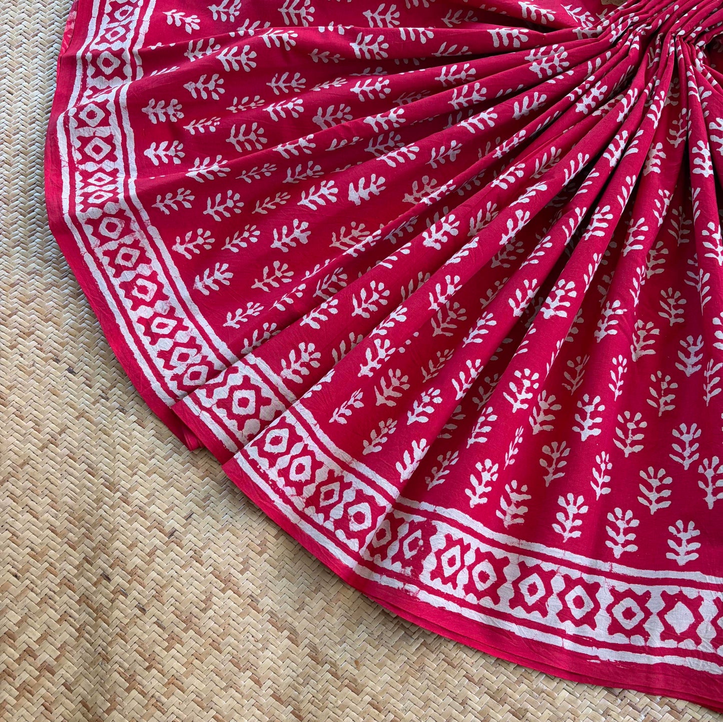 Mul Mul Cotton saree, Hand Block Printed, Red