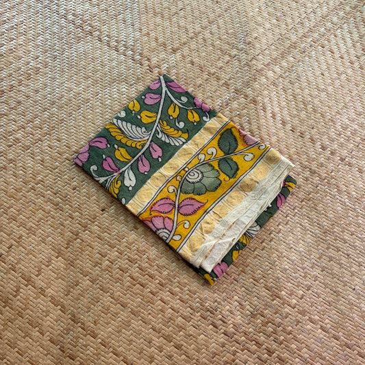 Green Floral, Kalamkari Hand Painted on a Madurai Sungudi Cotton 1.20 METER FABRIC