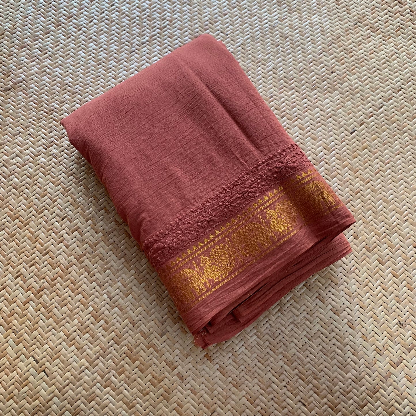 Brown Chickankari Hand Embroidery on a Sungudi Cotton Saree