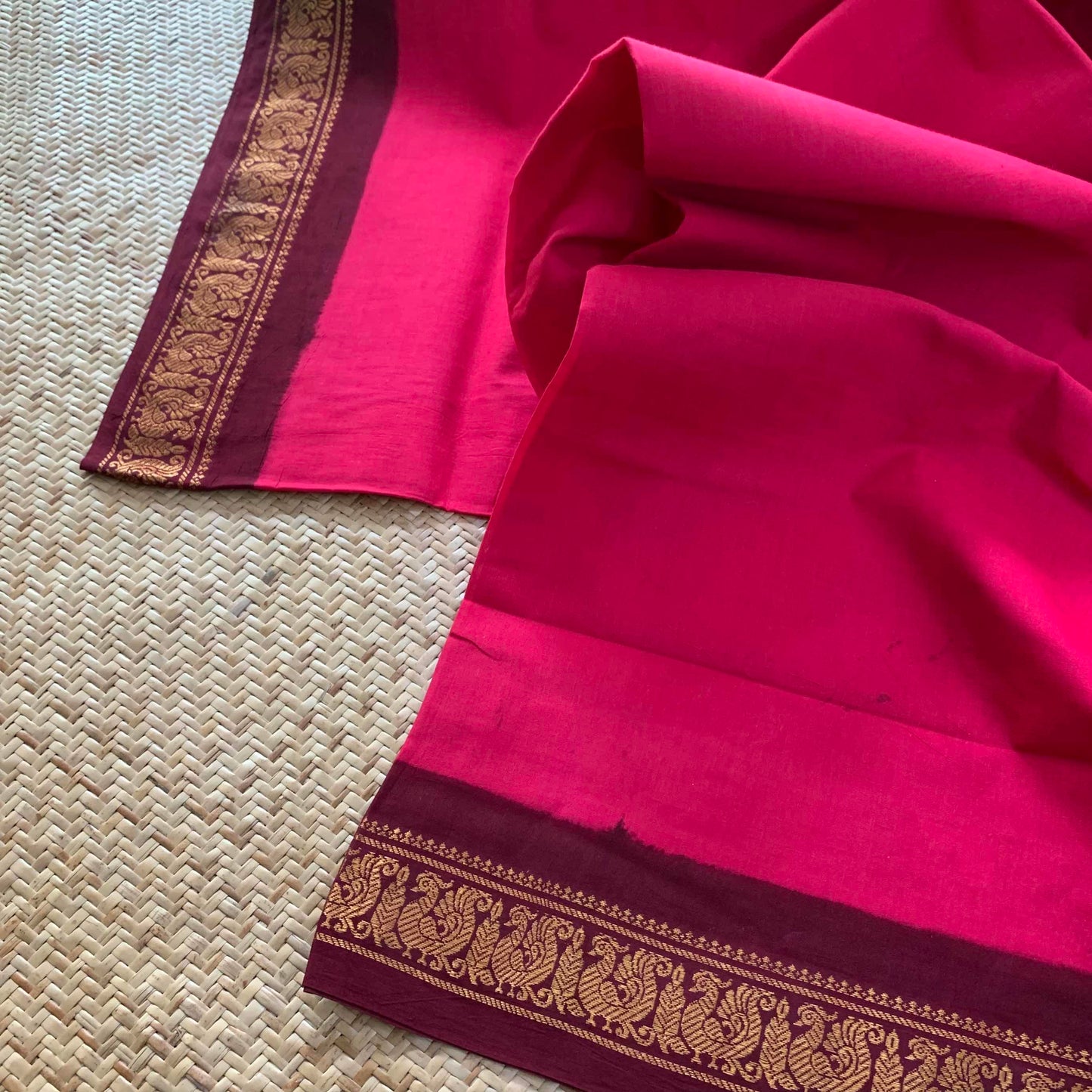 Pink Saree With Maroon Half Fine Zari Border, Clamp dyed (Kattu sayam).