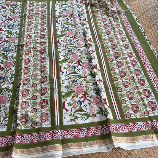 White, Jaipur Hand Block Printed On Madurai Cotton Saree With Zari