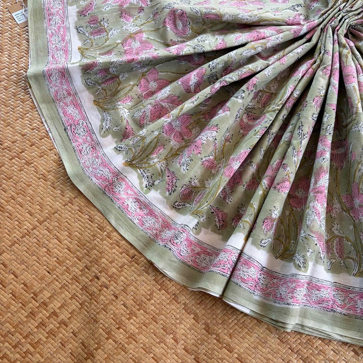 Mul Mul Cotton saree, Hand Block Printed, Pastel Green