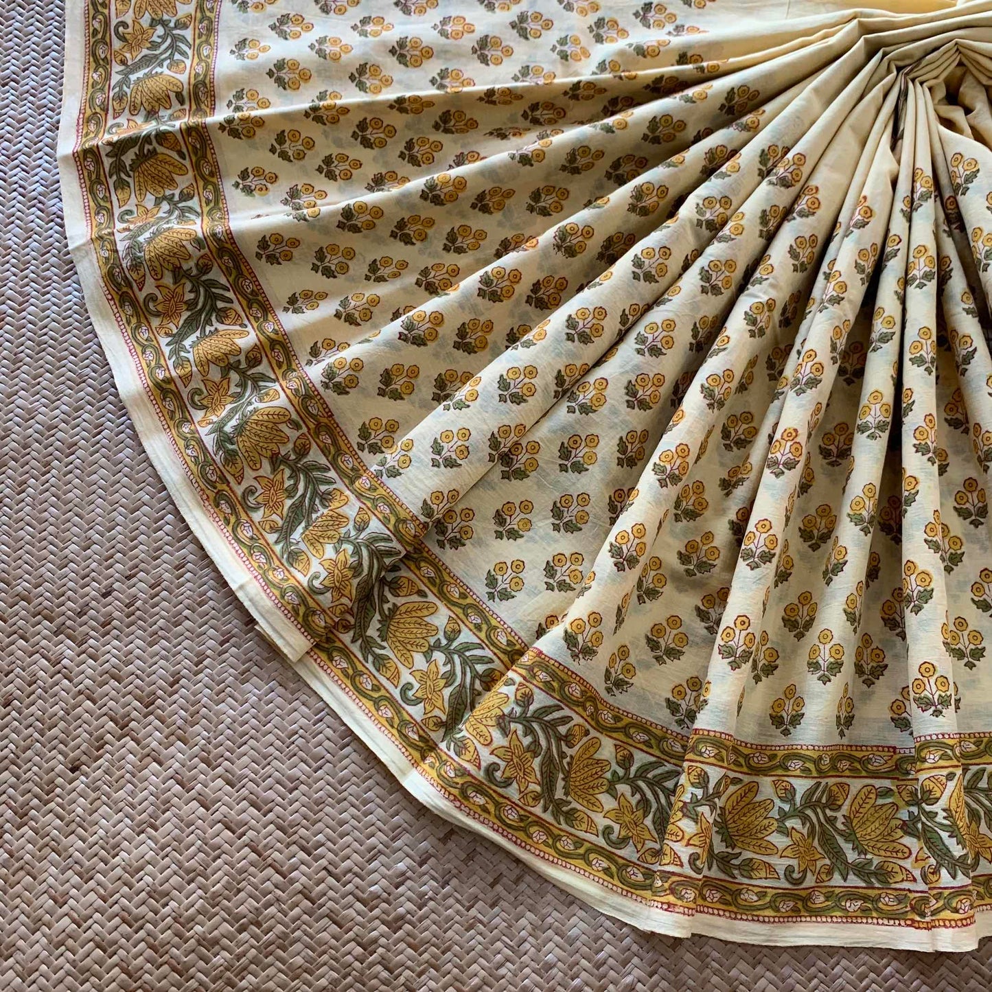 Mul Mul Cotton saree, Hand Block Printed, Pastel Yellow