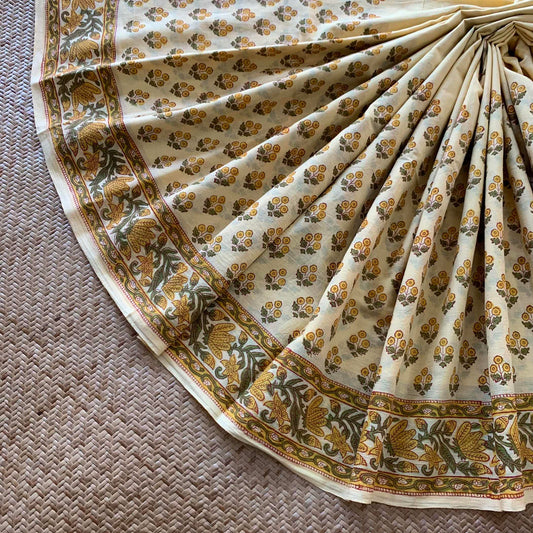 Mul Mul Cotton saree, Hand Block Printed, Pastel Yellow