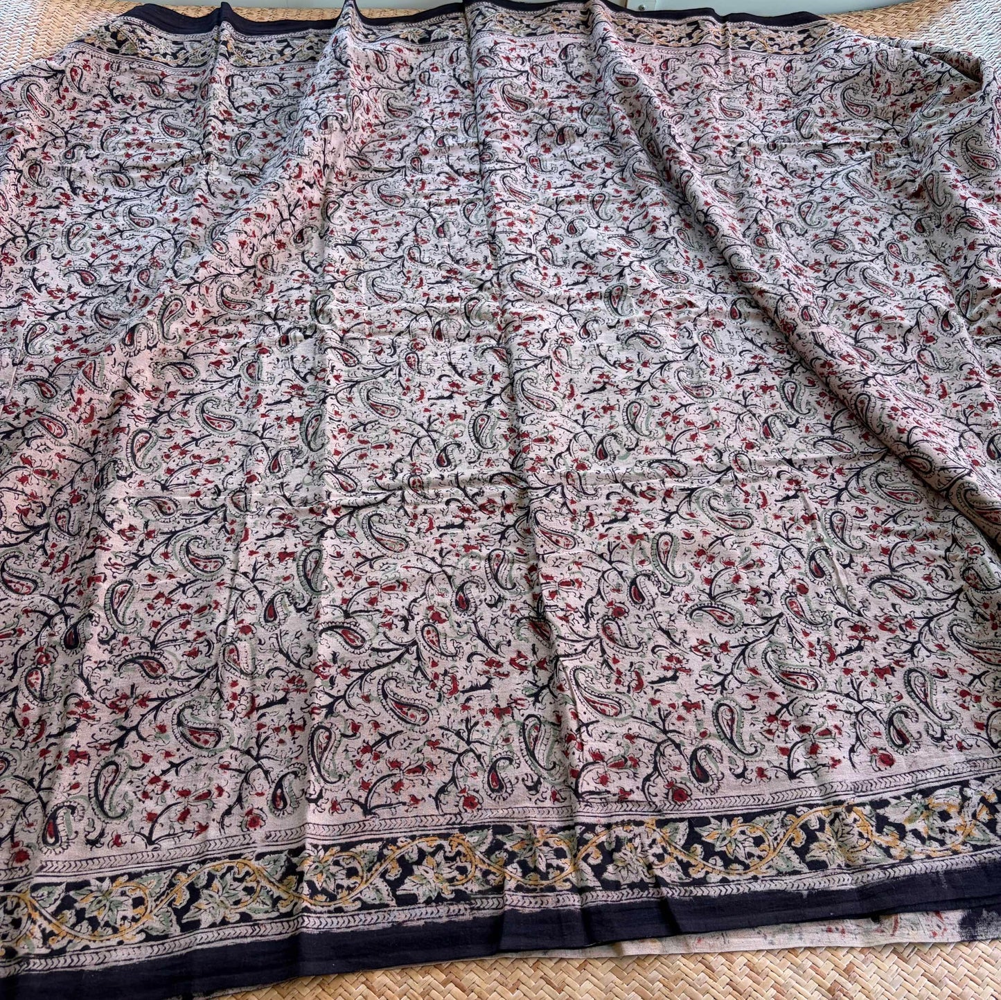 Multicoloured, Kalamkari Hand Block Printed Natural dye, Mul cotton saree