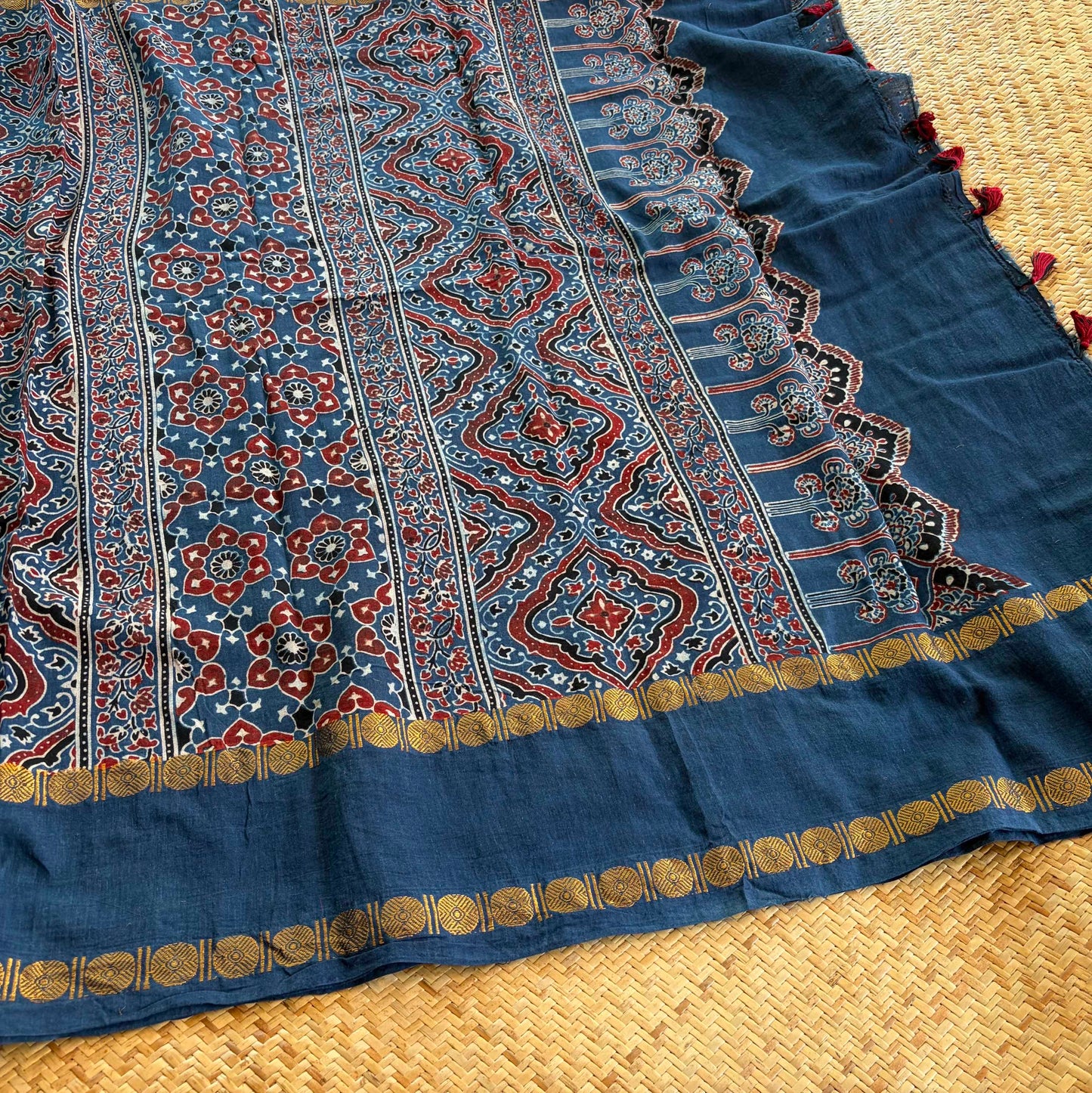 Indigo, Ajrak Hand Block Printed On Madurai Cotton Saree With Zari