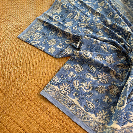 Mul Mul Cotton saree, Hand Block Printed, Blue