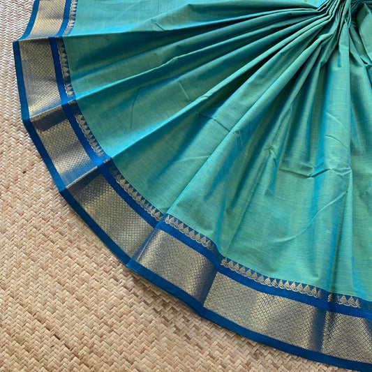 Chettinad Cotton Saree, Two Tone Green Saree With Zari Border