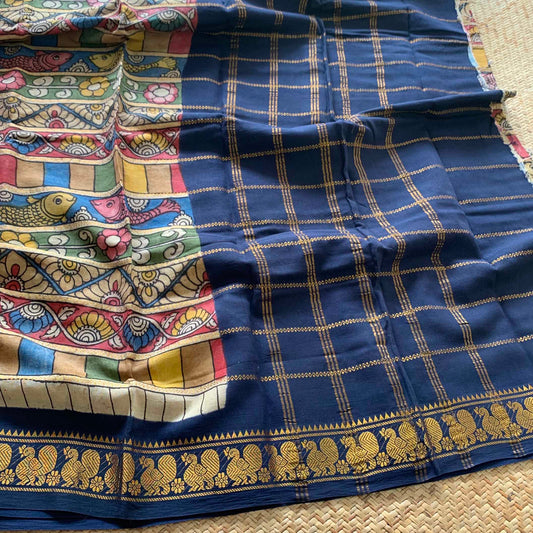 Cream Kalamkari Hand Painted on a Madurai Velthari Sungudi Cotton saree.