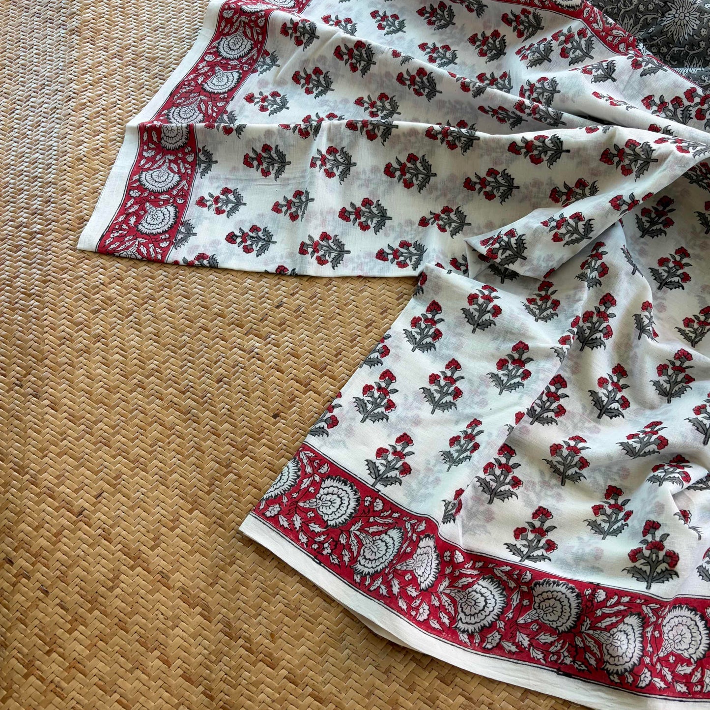 Mul Mul Cotton saree, Hand Block Printed, White