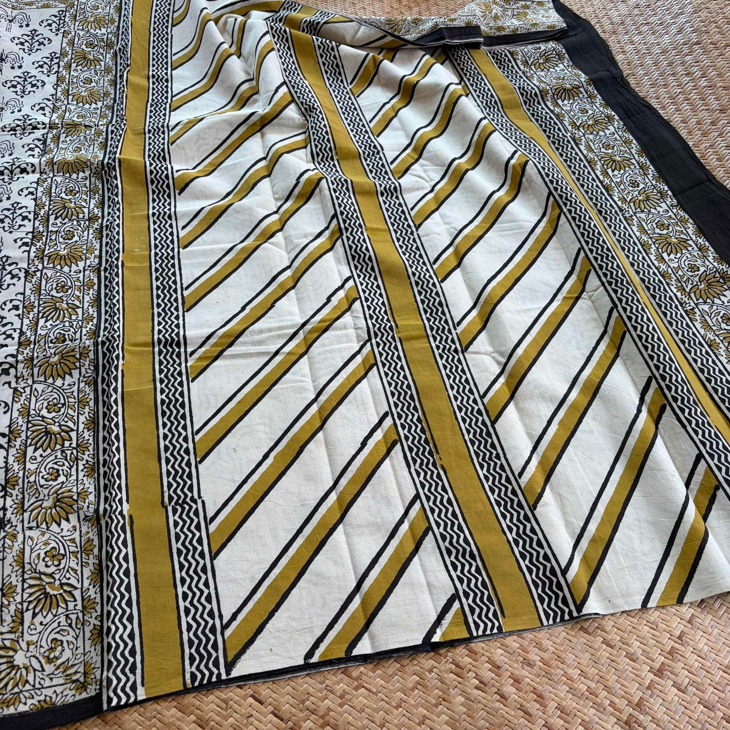Mul Mul Cotton saree, Hand Block Printed, Beige