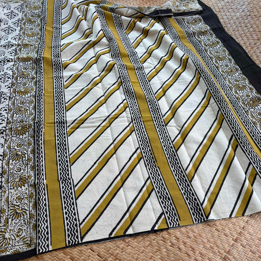 Mul Mul Cotton saree, Hand Block Printed, Beige