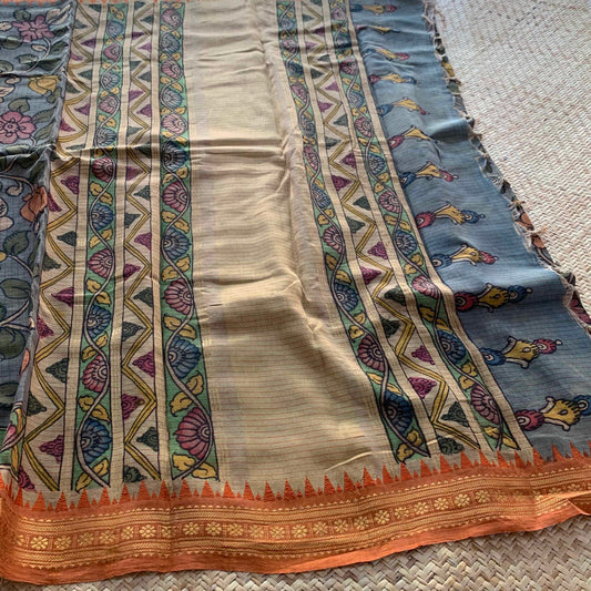 Grey Kalamkari Hand Painted on Chettinad Cotton saree