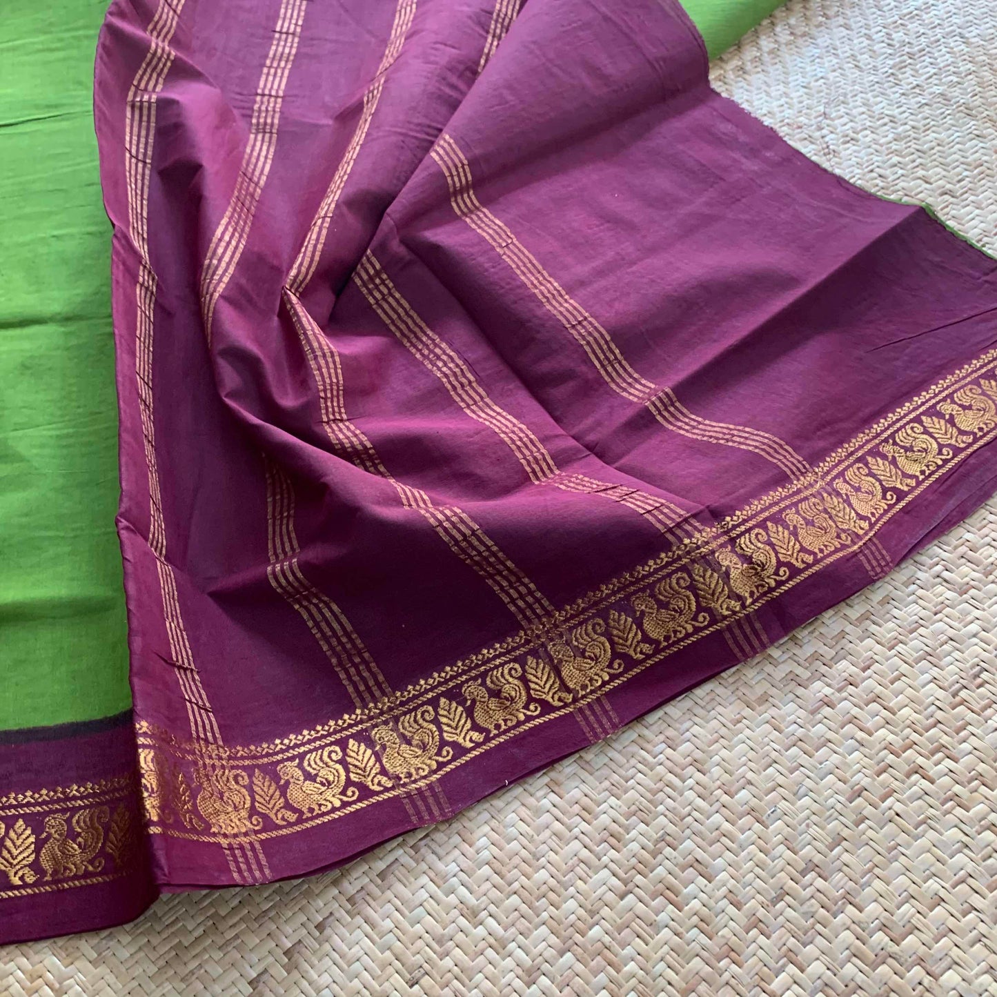 Green Saree With Beetle Nut Brown Half Fine Zari Border, Clamp dyed (Kattu sayam).