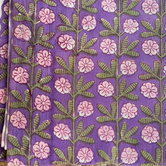 Hand Block Printed Sanganeri Cotton Running Fabric, Purple