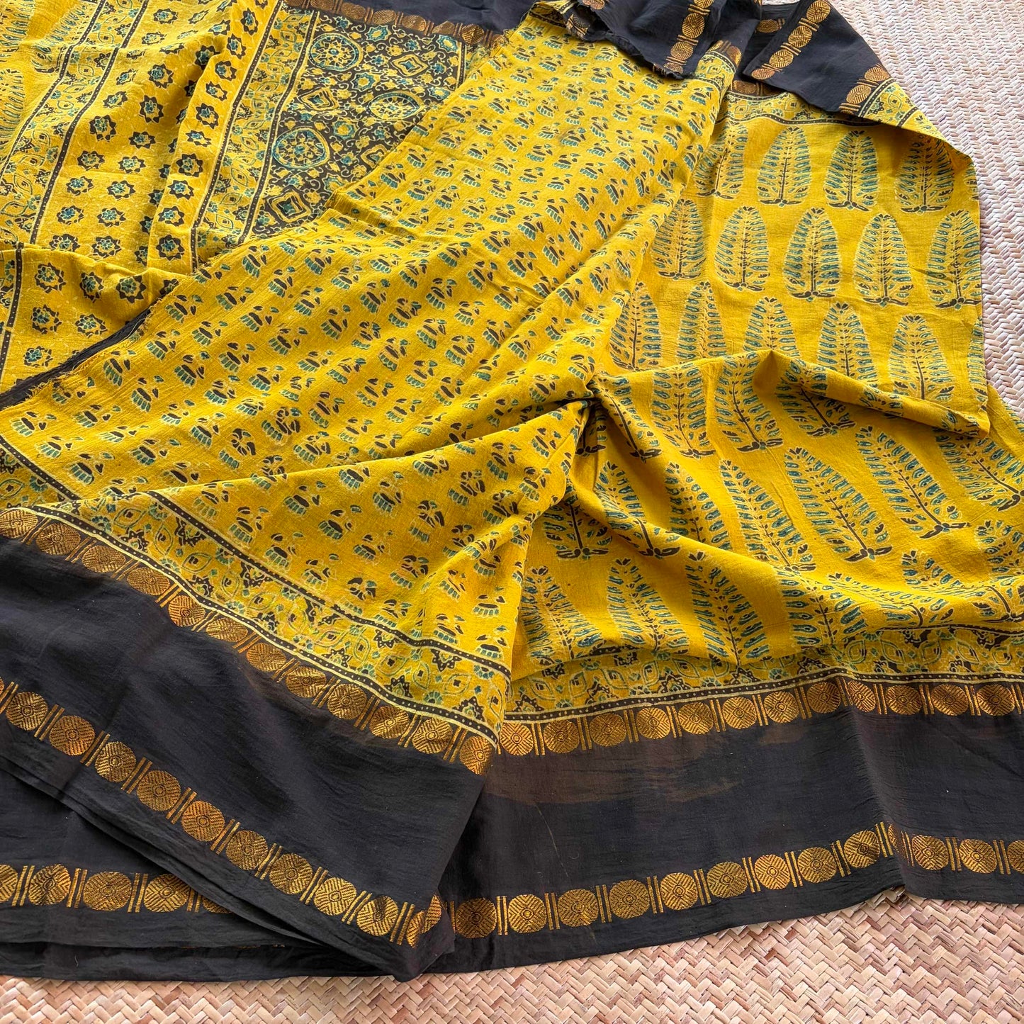 Mustard, Ajrak Hand Block Printed On Madurai Cotton Saree With Zari