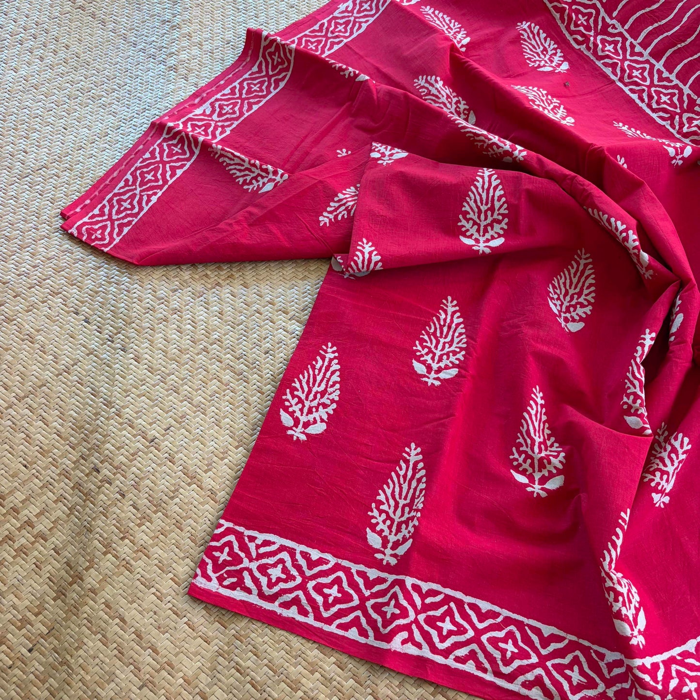 Mul Mul Cotton saree, Hand Block Printed, Red