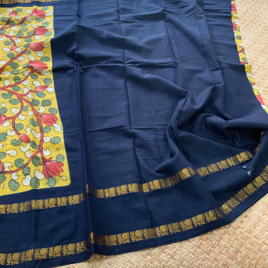 Floral Kalamkari Hand Painted on a Madurai Sungudi Cotton saree.