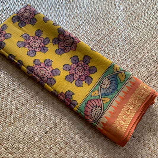 Yellow,Kalamkari Hand Painted on Chettinad Cotton saree