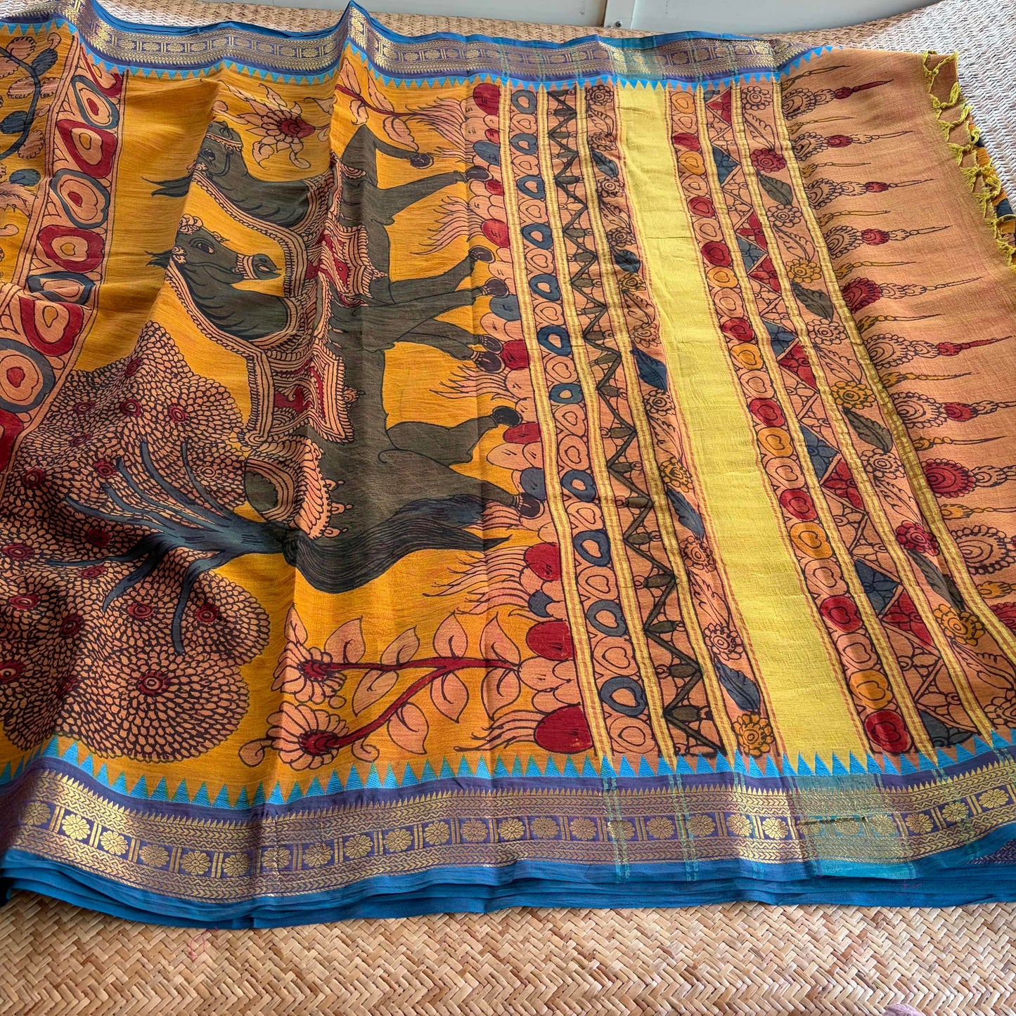Peach, Kalamkari Hand Painted on Chettinad Cotton saree