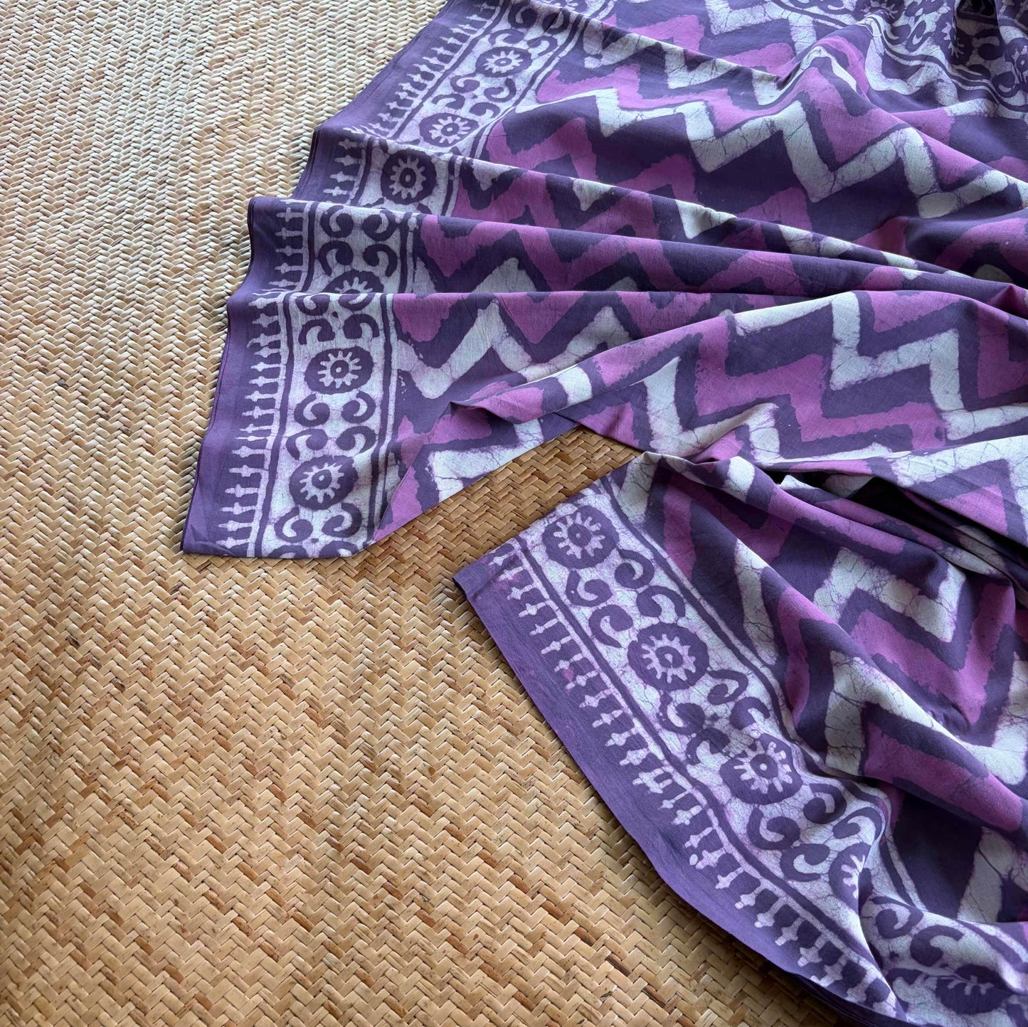 Mul Mul Cotton saree, Hand Block Printed, Purple