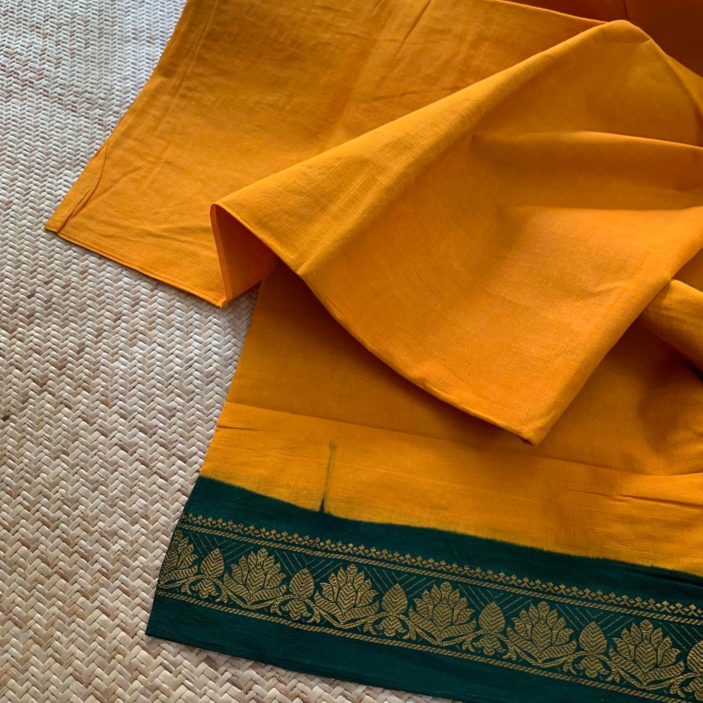 Yellow Saree With Green Half Fine Zari Border, Clamp dyed (Kattu sayam).