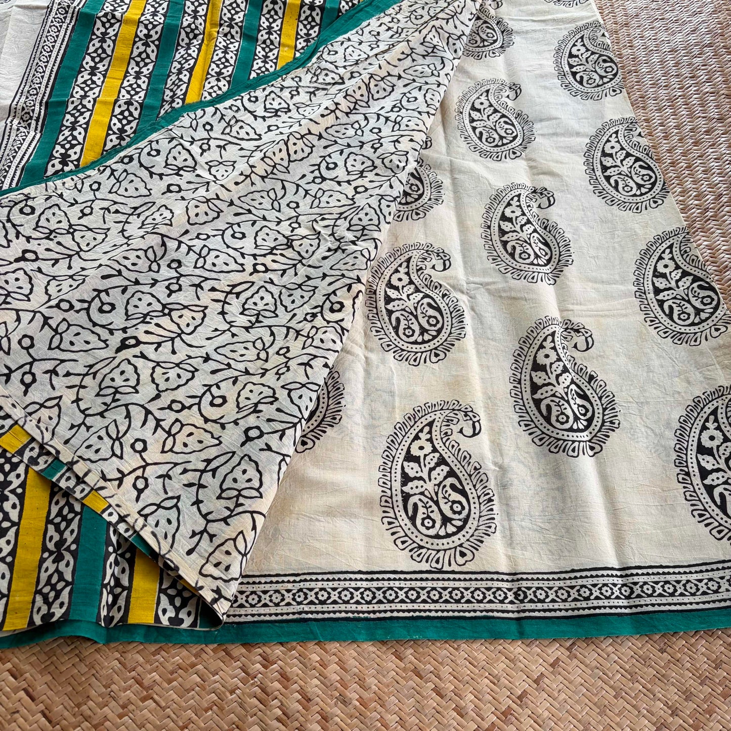 Mul Mul Cotton saree, Hand Block Printed, Beige