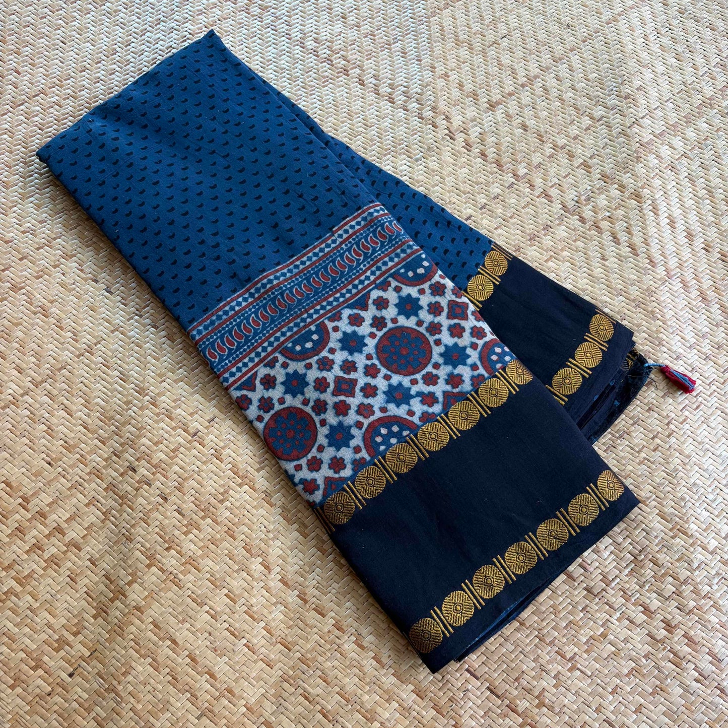 Cloud Indigo, Ajrak Hand Block Printed On Madurai Cotton Saree With Zari
