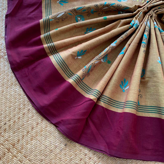Arupukottai Hand woven Saree with multi colour thread Kantha embroidery