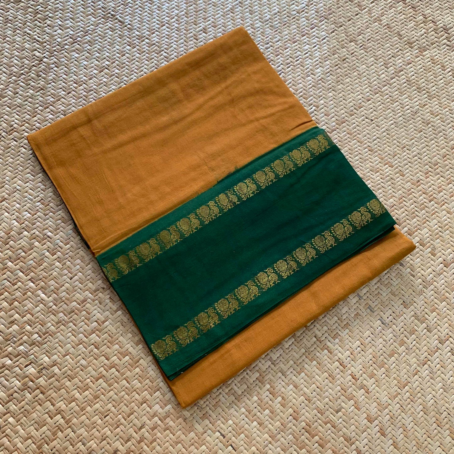 Mustard Saree With Green Border, Zari Annam Rettai Pettu Border , Clamp dyed (Kattu sayam).