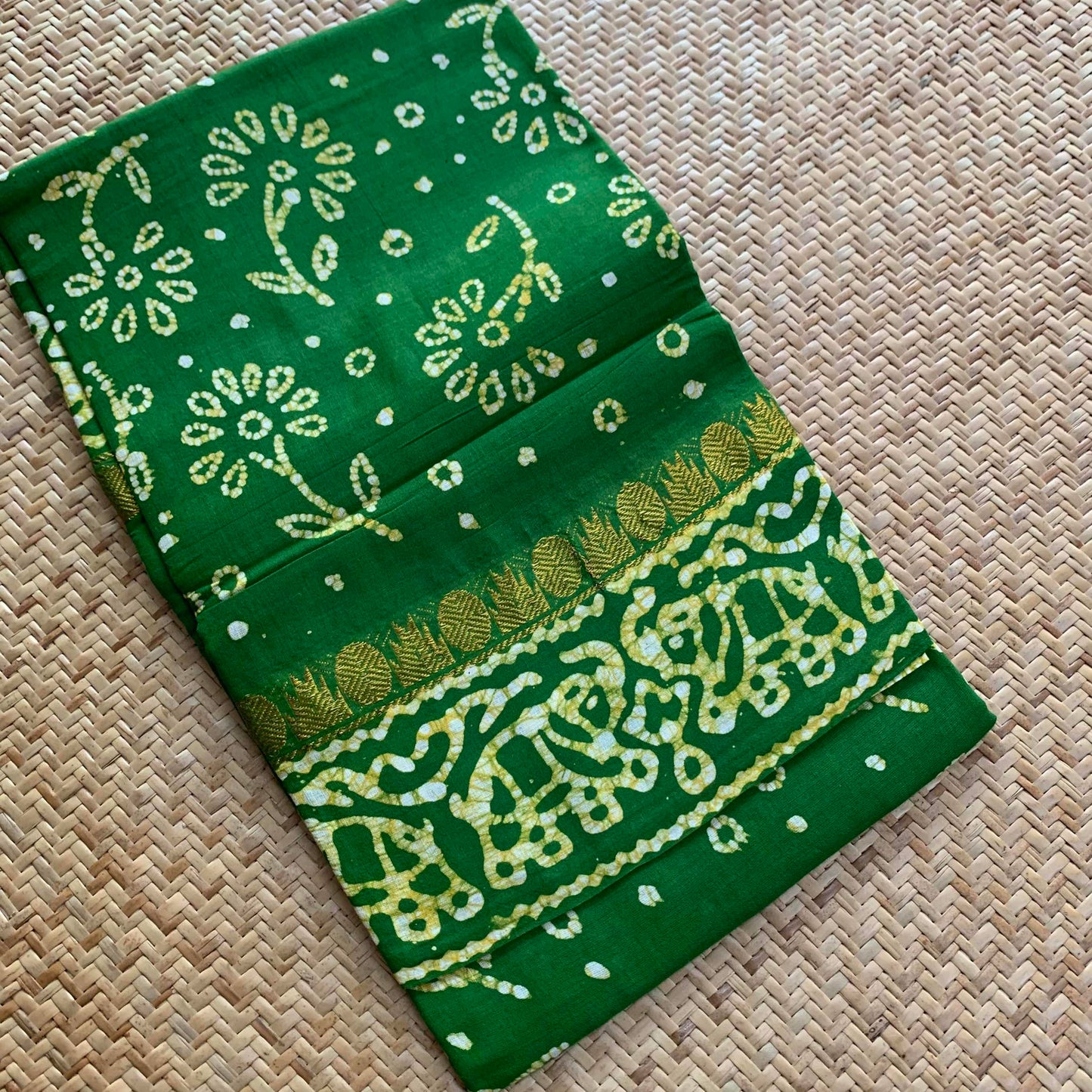 Green Hand Crafted wax print Sungudi Mul Mul Cotton Saree