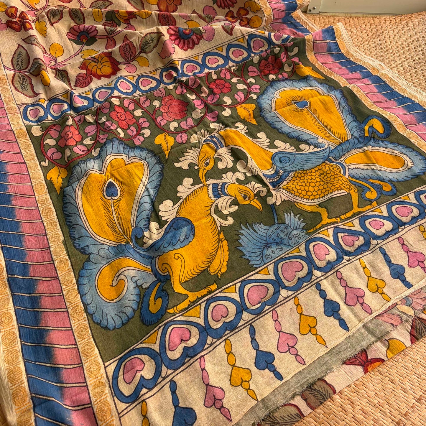 Cream Kalamkari Hand Painted on Cotton Sungudi Saree With Blouse
