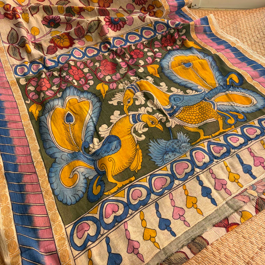 Cream Kalamkari Hand Painted on Cotton Sungudi Saree With Blouse