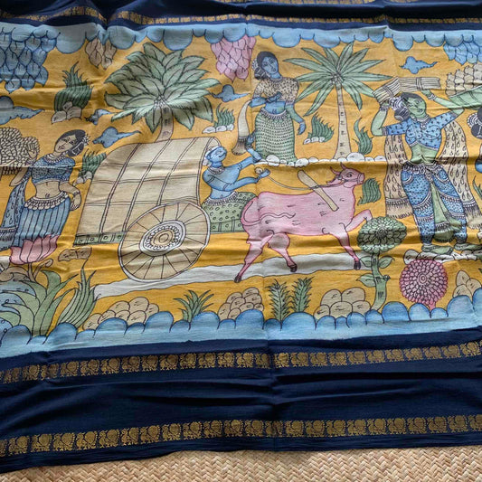Village, Kalamkari Hand Painted on a Madurai Sungudi Cotton saree.