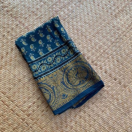 Rama Blue, Natural Dyeing Ajrak Hand Block Printed Cotton Cut Fabric