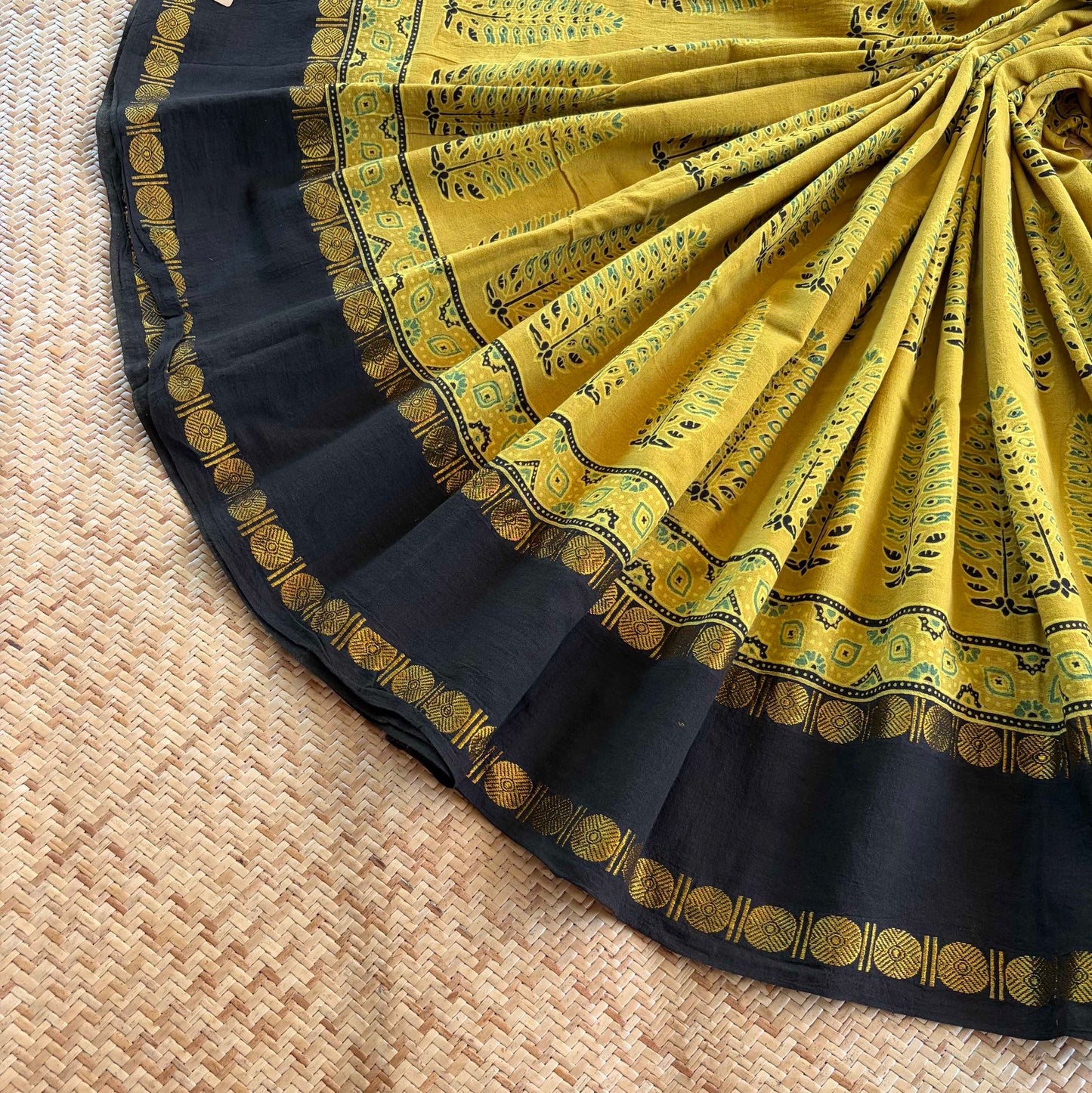 Mustard, Ajrak Hand Block Printed On Madurai Cotton Saree With Zari
