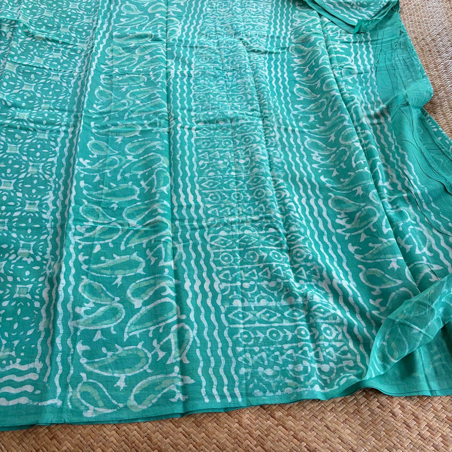 Mul Mul Cotton saree, Hand Block Printed, Aqua