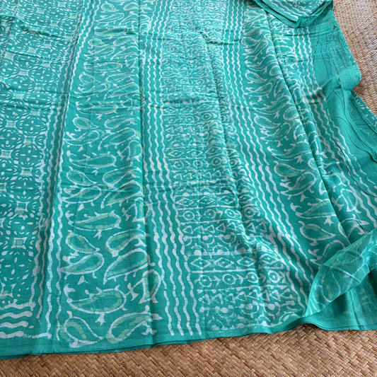 Mul Mul Cotton saree, Hand Block Printed, Aqua